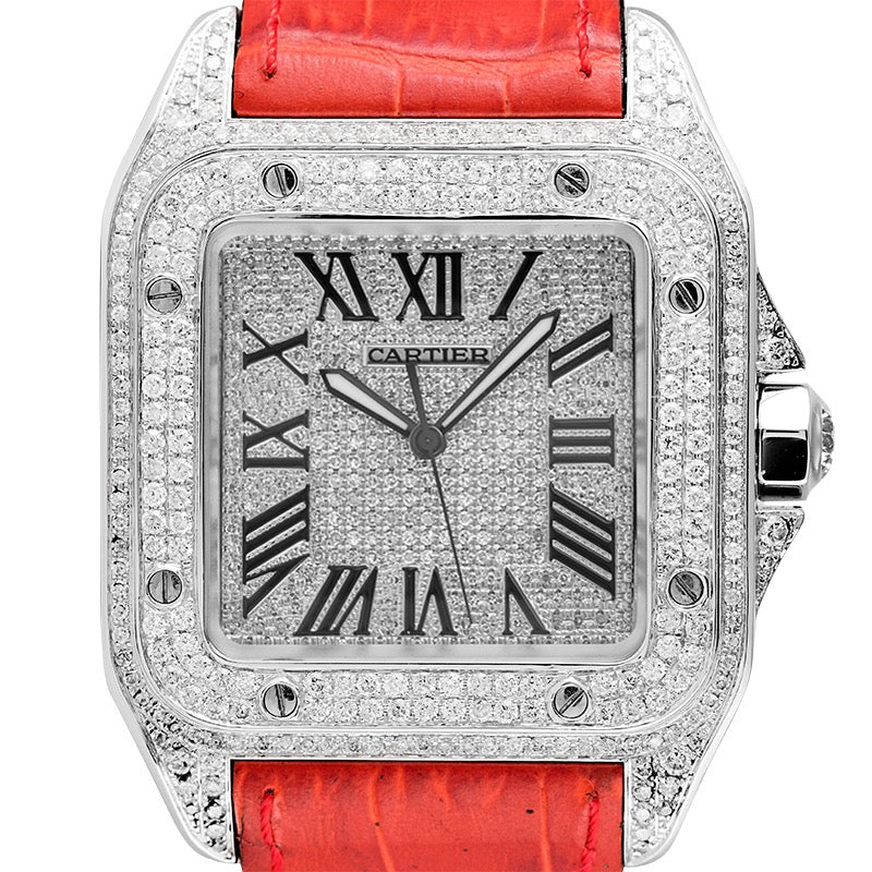 Cartier Santos 100 L Diamond Set Custom Watch Red Leather Strap W20073X8