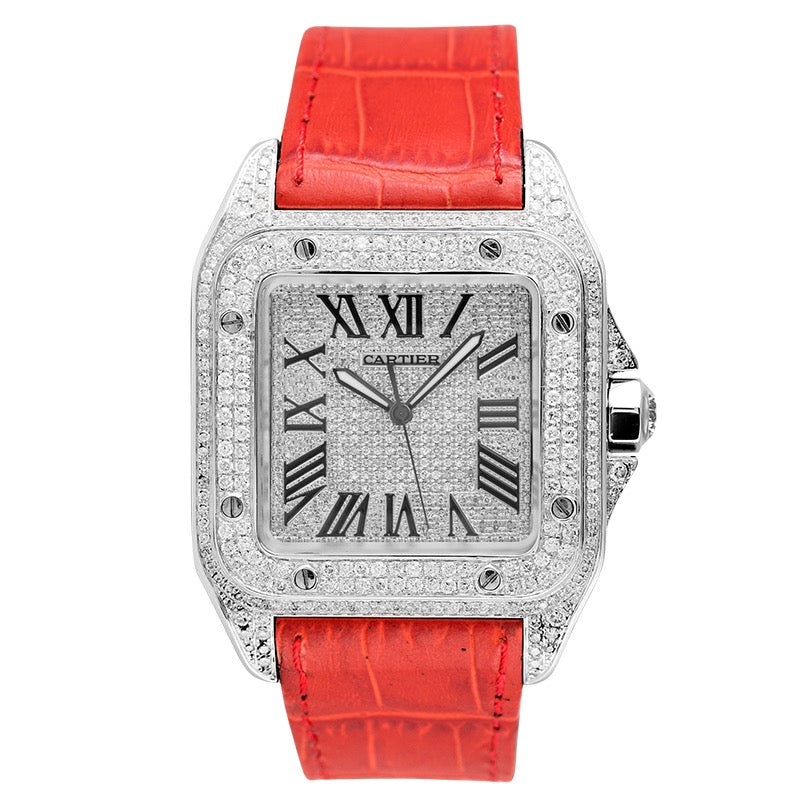 Cartier Santos 100 L Diamond Set Custom Watch Red Leather Strap W20073X8