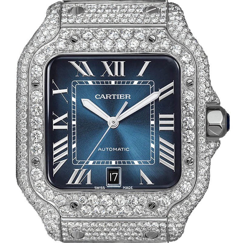 Cartier Santos WSSA0030 Custom Diamond Set Blue Dial