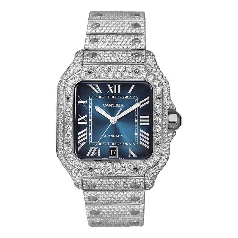 Cartier Santos WSSA0030 Custom Diamond Set Blue Dial