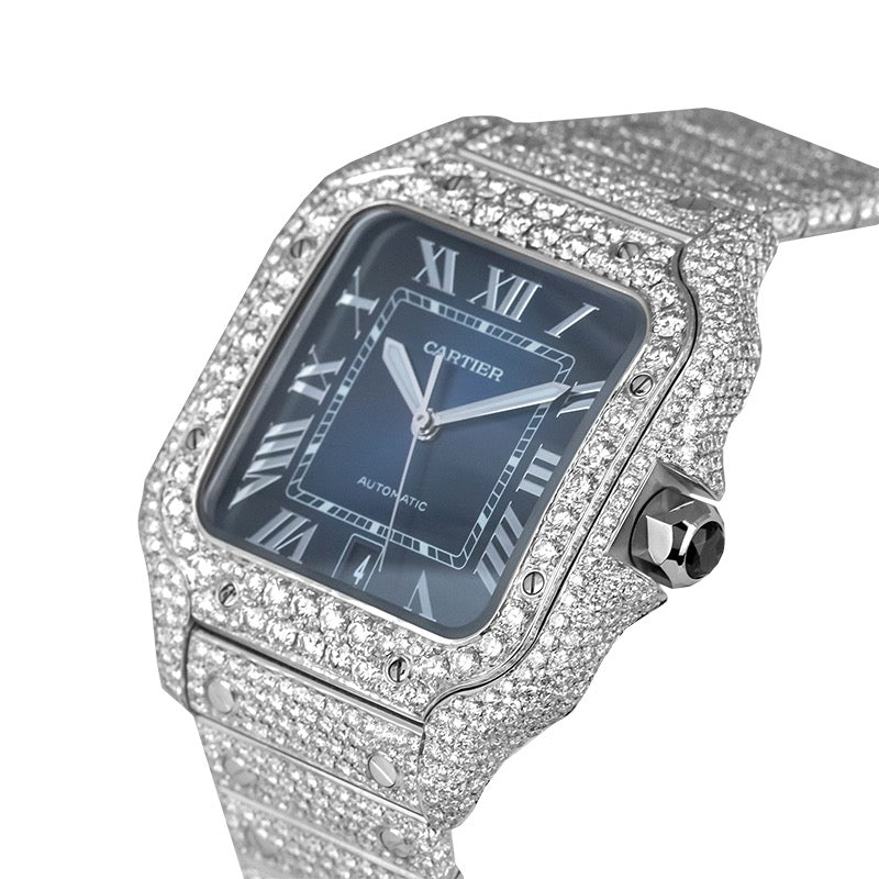 Cartier Santos WSSA0030 Custom Diamond Set Blue Dial