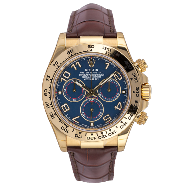 Rolex Daytona 18ct Yellow Gold Blue/Arabic Dial Brown Alligator Strap 116518