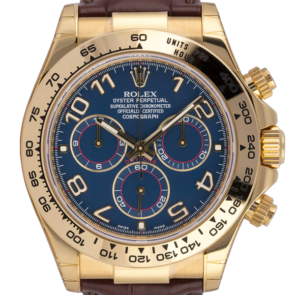 Rolex Daytona 18ct Yellow Gold Blue/Arabic Dial Brown Alligator Strap 116518