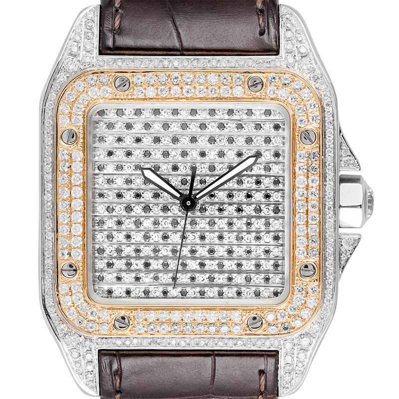 Cartier Santos 100 Large Diamond Set Watch with Gold Bezel and Leather Strap W20091X7