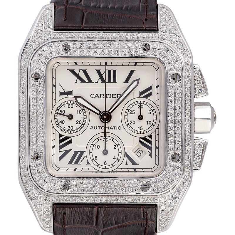 Cartier Santos 100 XL Chronograph Custom Diamond Set Brown Strap W20090X8